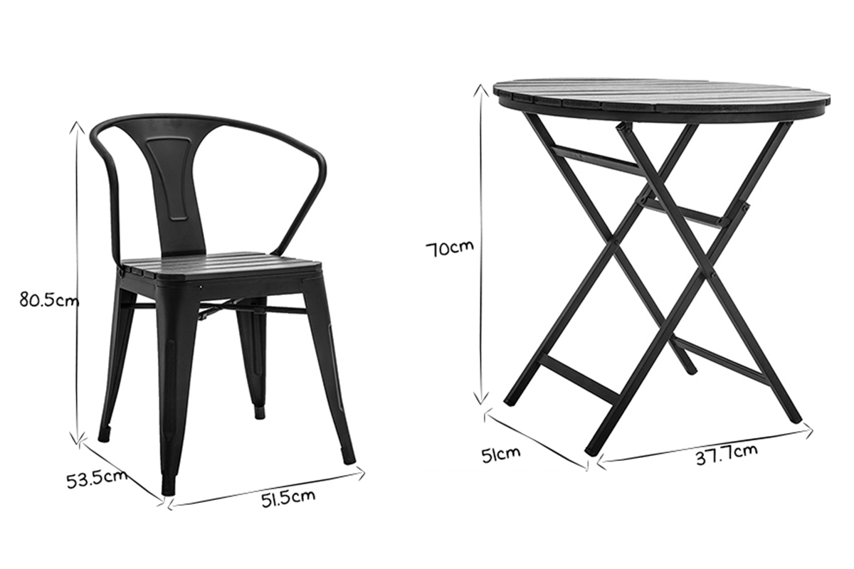 Saln de jardn con mesa plegable y sillas madera y metal negro BERLINER