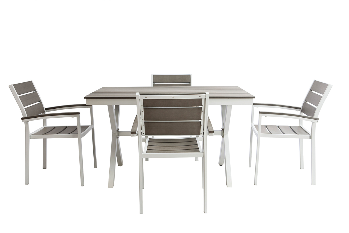 Saln de jardn con mesa y 4 sillas blanco y gris VIAGGIO