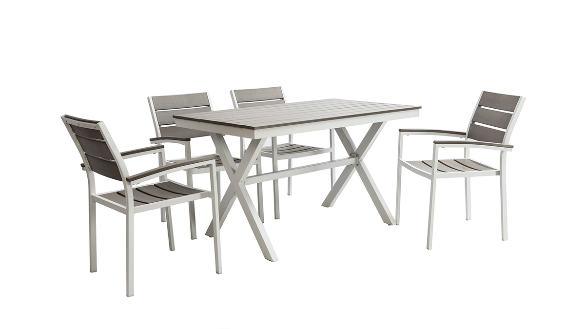 Saln de jardn con mesa y 4 sillas blanco y gris VIAGGIO