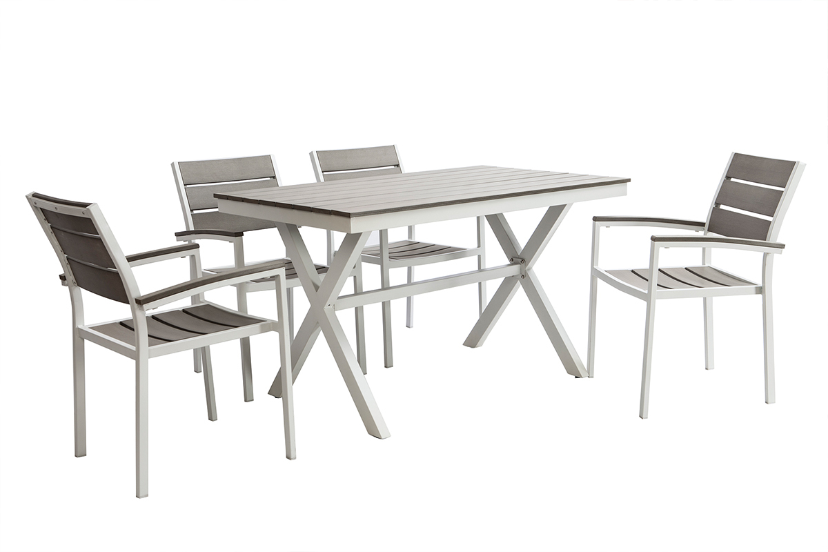 Saln de jardn con mesa y 4 sillas blanco y gris VIAGGIO