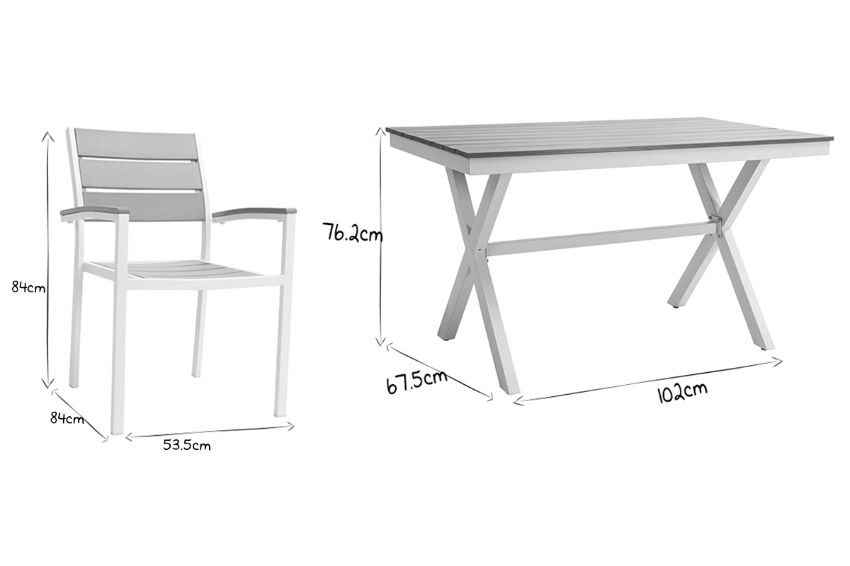 Saln de jardn con mesa y 4 sillas blanco y gris VIAGGIO