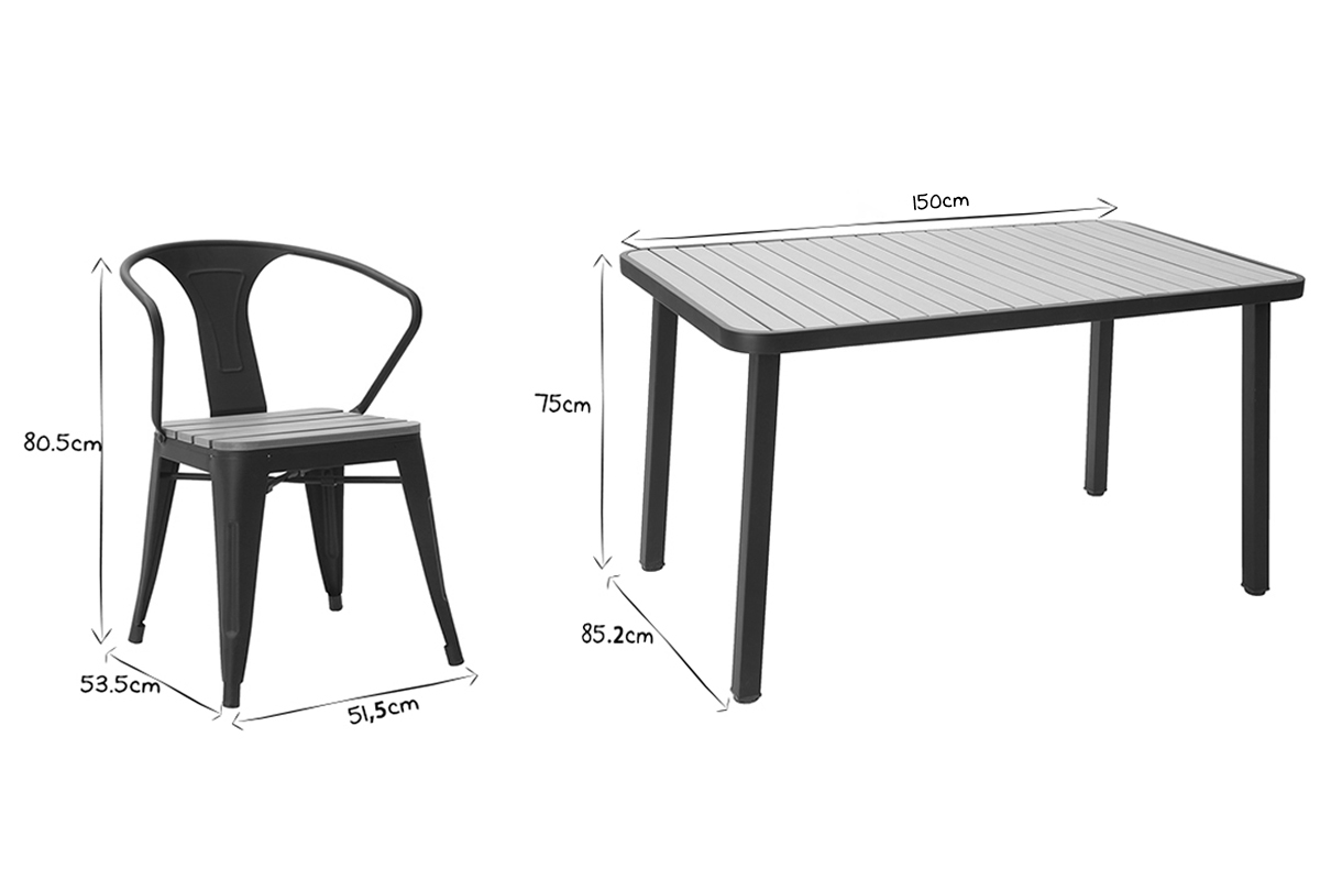 Saln de jardn con mesa y 4 sillas en madera y metal negro BERLINER