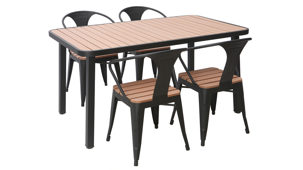 Saln de jardn con mesa y 4 sillas en madera y metal negro BERLINER