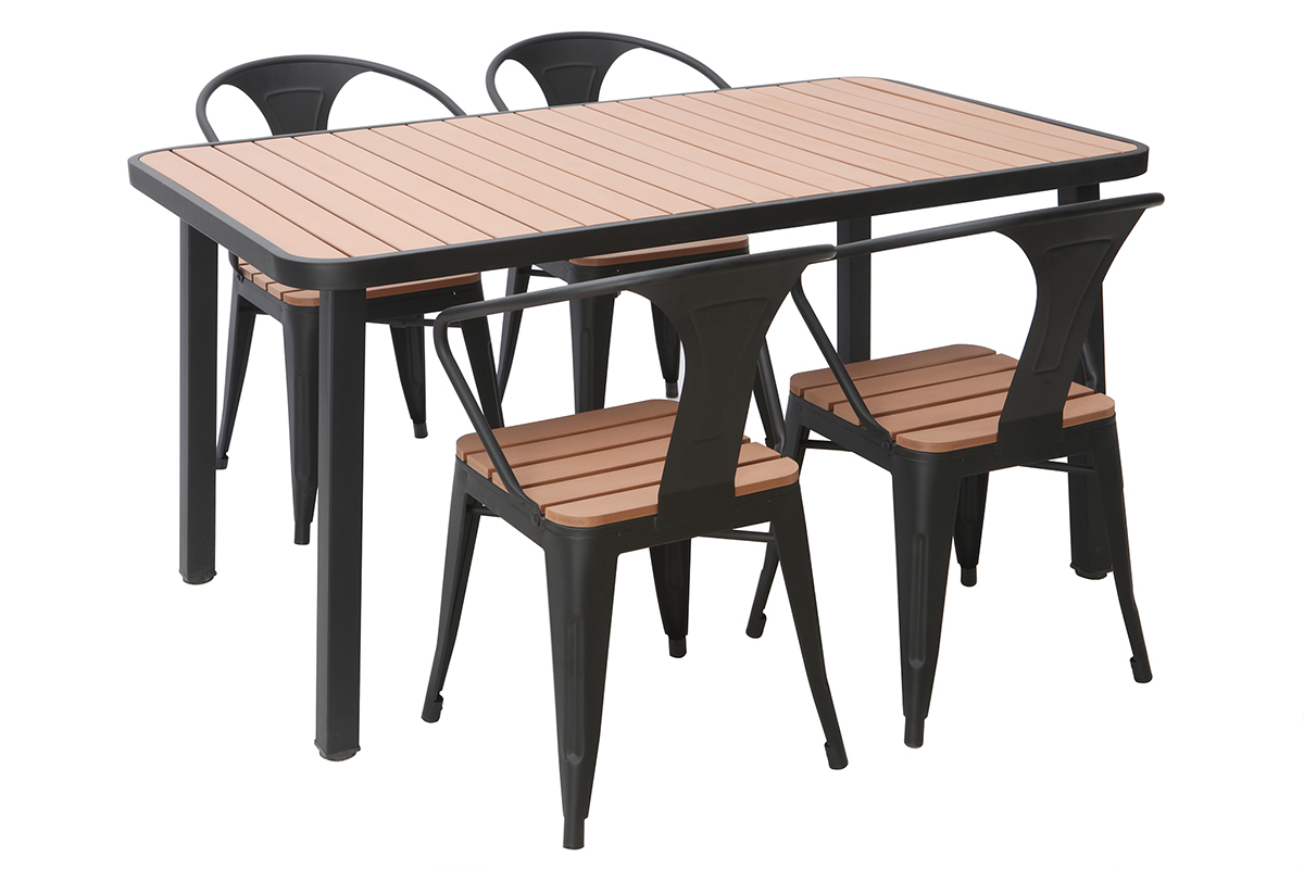 Saln de jardn con mesa y 4 sillas en madera y metal negro BERLINER