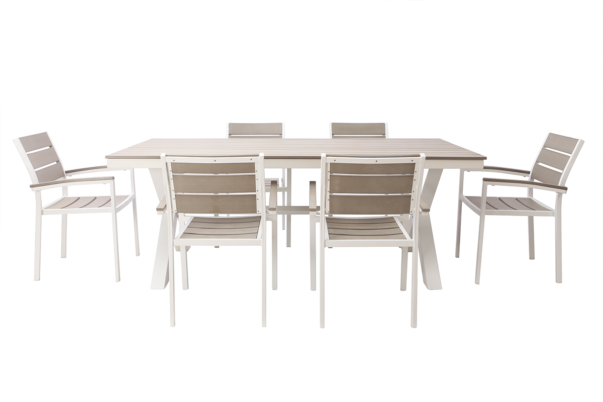 Saln de jardn con mesa y 6 sillas en metal blanco y madera gris VIAGGIO