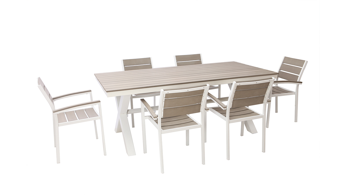 Saln de jardn con mesa y 6 sillas en metal blanco y madera gris VIAGGIO