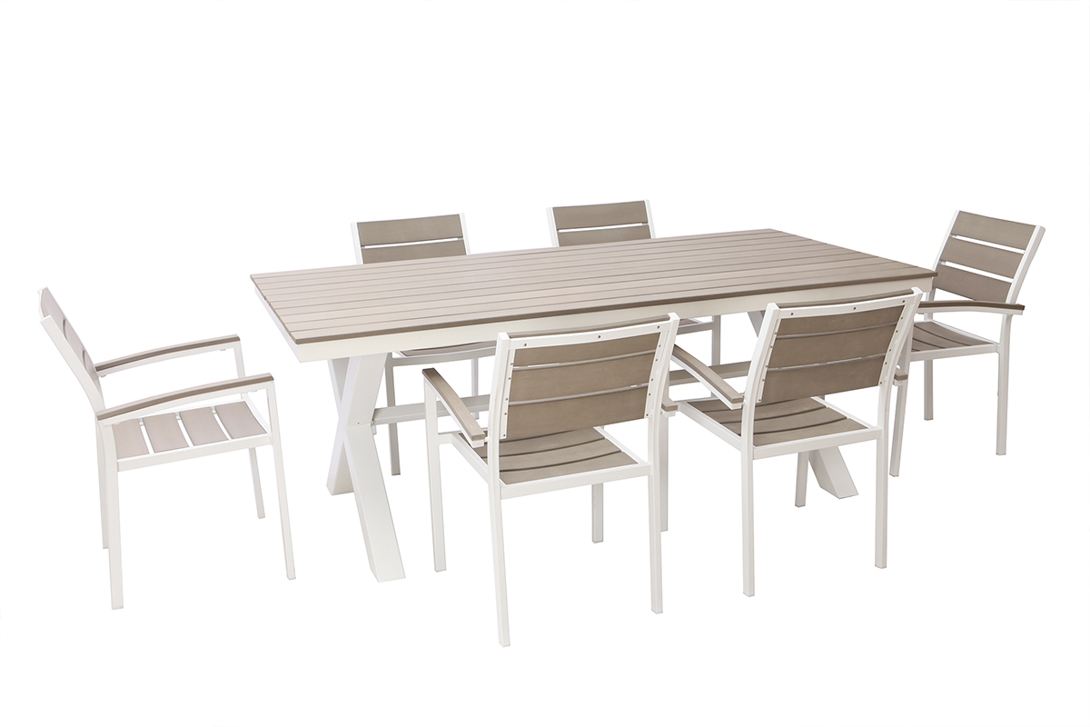 Saln de jardn con mesa y 6 sillas en metal blanco y madera gris VIAGGIO