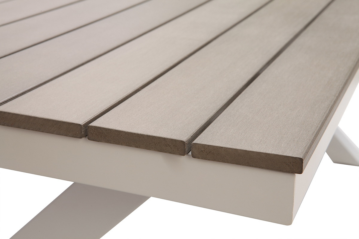 Saln de jardn con mesa y 6 sillas en metal blanco y madera gris VIAGGIO