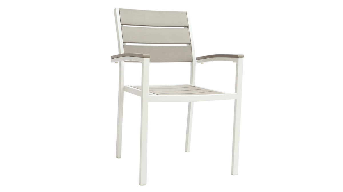 Saln de jardn con mesa y 6 sillas en metal blanco y madera gris VIAGGIO