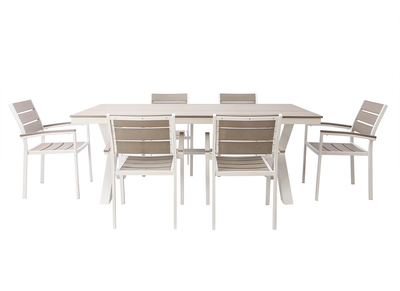 Salón de jardín con mesa y 6 sillas en metal blanco y madera gris VIAGGIO - Salón de jardín con mesa y 6 sillas en metal blanco y madera gris VIAGGIO