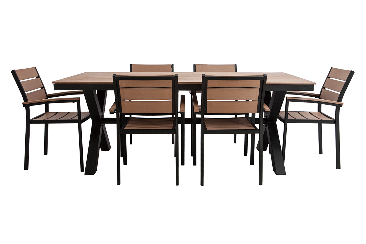 Saln de jardn con mesa y 6 sillas negro y madera VIAGGIO