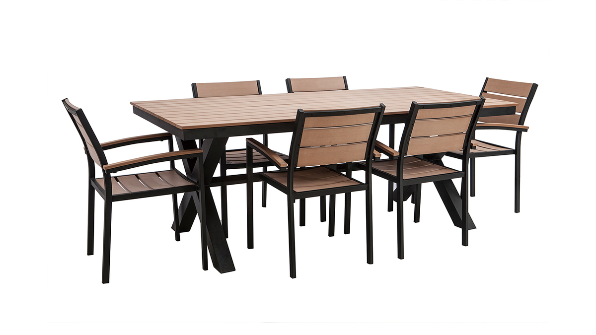 Saln de jardn con mesa y 6 sillas negro y madera VIAGGIO