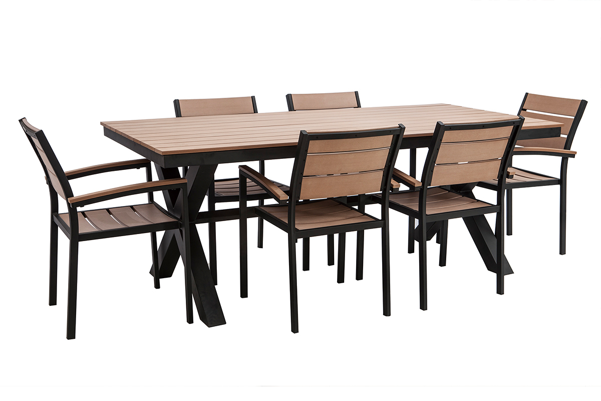Saln de jardn con mesa y 6 sillas negro y madera VIAGGIO
