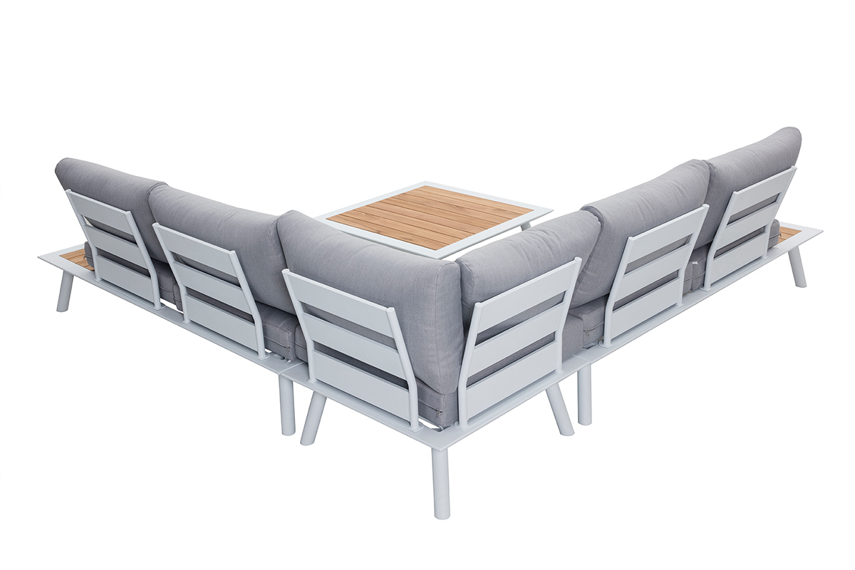 Saln de jardn de esquina en aluminio blanco, teca y tejido gris claro BELLS