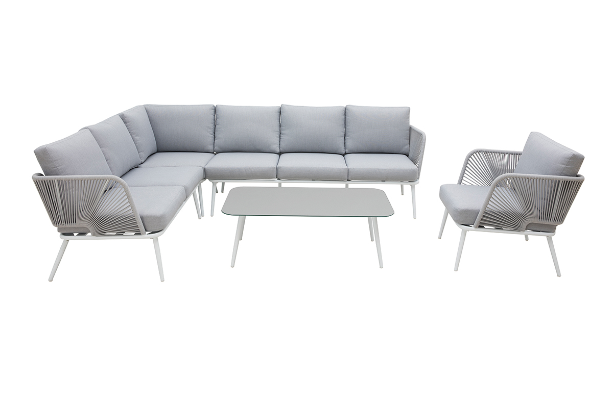 Saln de jardn en aluminio blanco, cuerdas y tejido gris claro HALONG
