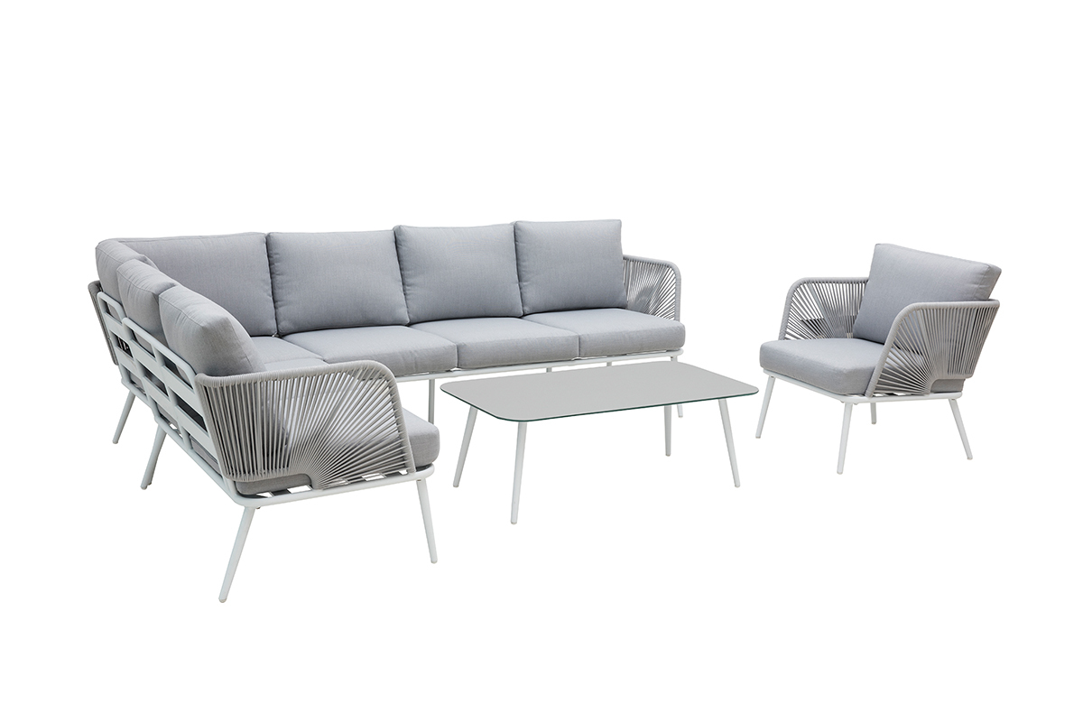 Saln de jardn en aluminio blanco, cuerdas y tejido gris claro HALONG