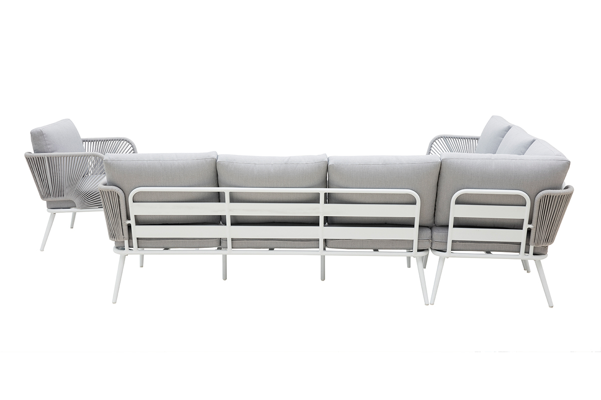 Saln de jardn en aluminio blanco, cuerdas y tejido gris claro HALONG