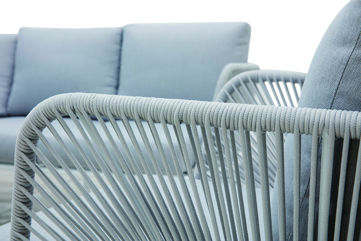 Saln de jardn en aluminio blanco, cuerdas y tejido gris claro HALONG