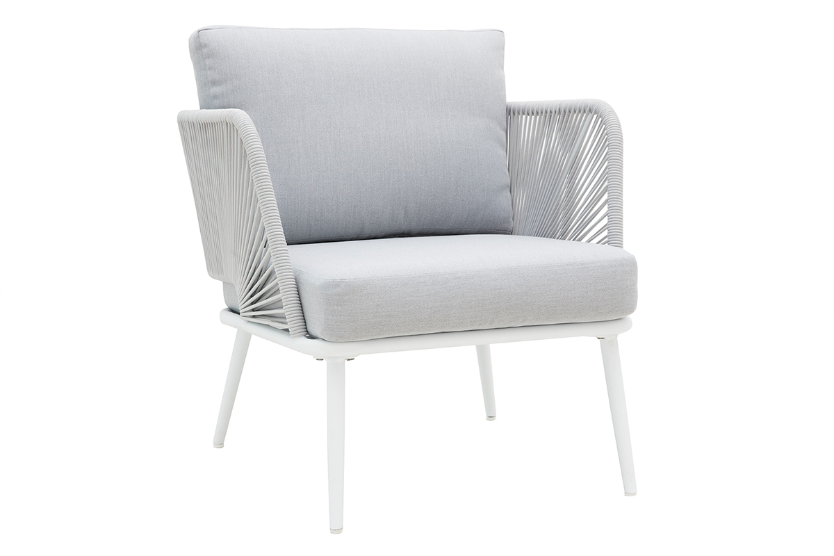 Saln de jardn en aluminio blanco, cuerdas y tejido gris claro HALONG