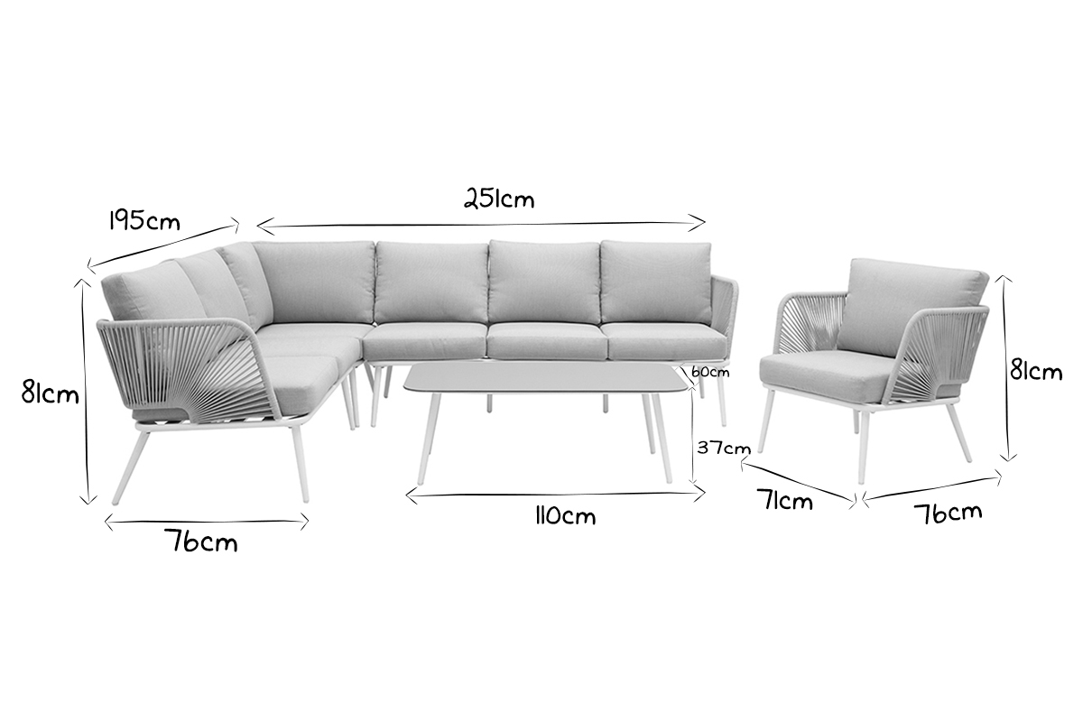 Saln de jardn en aluminio blanco, cuerdas y tejido gris claro HALONG
