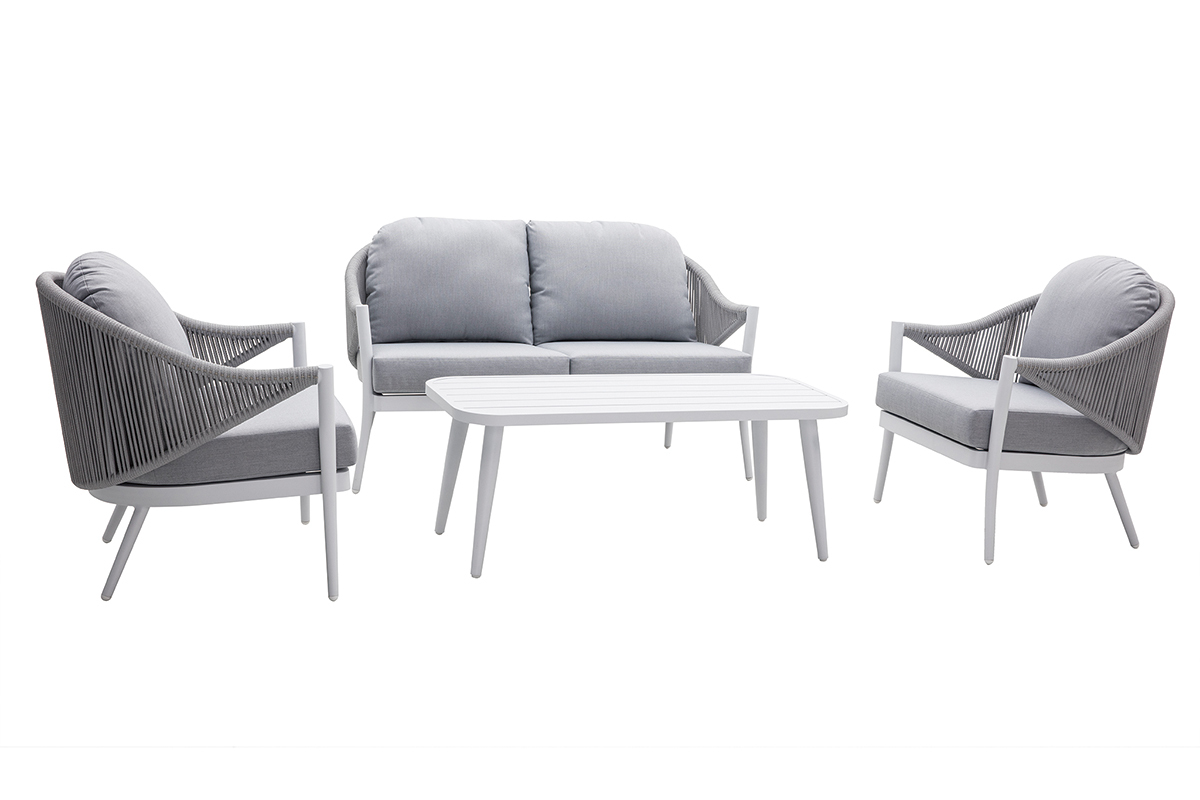 Sal�n de jard�n en aluminio blanco y cuerdas y tejido gris claro LIMA