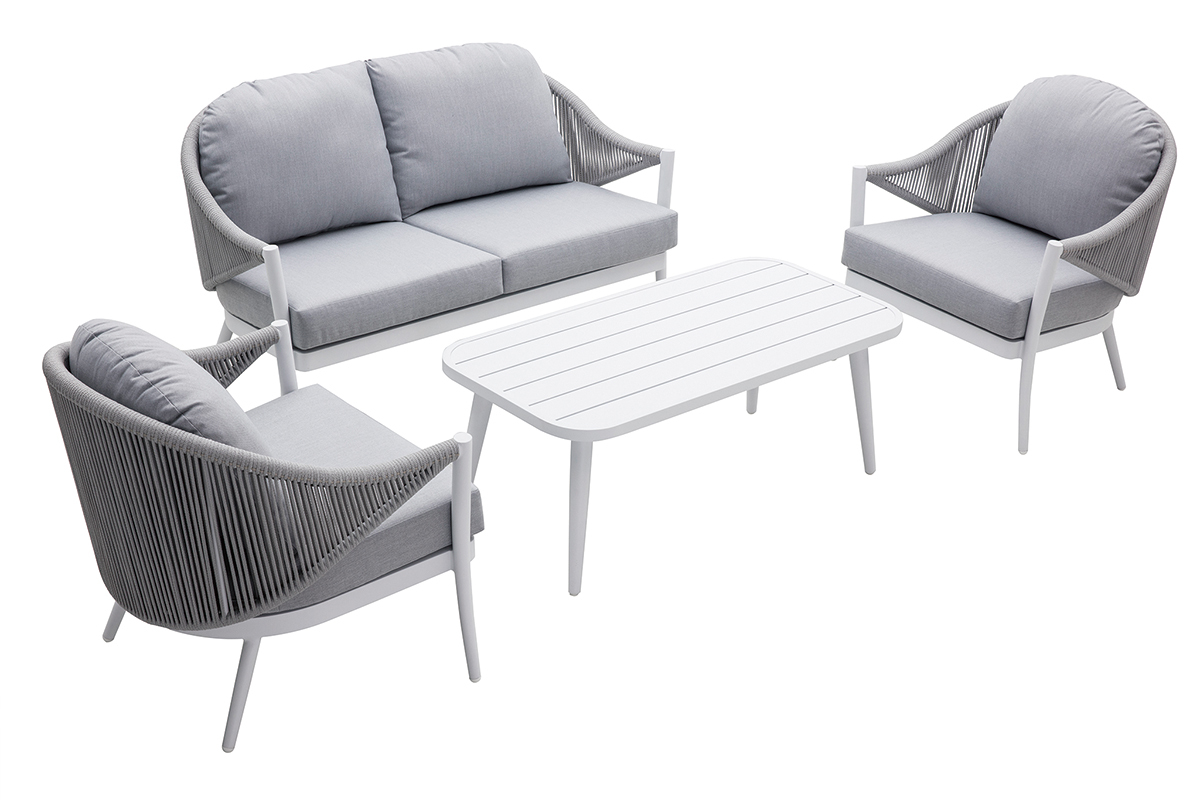 Sal�n de jard�n en aluminio blanco y cuerdas y tejido gris claro LIMA