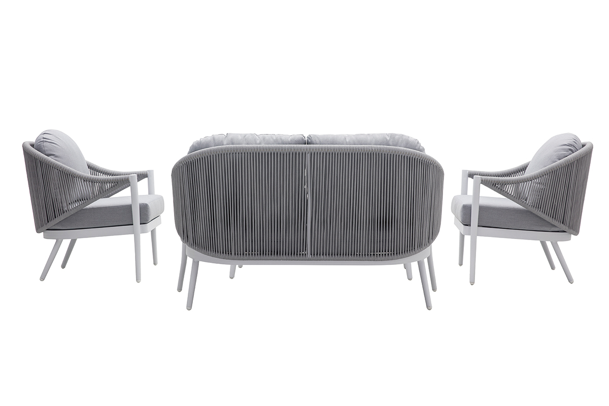Sal�n de jard�n en aluminio blanco y cuerdas y tejido gris claro LIMA