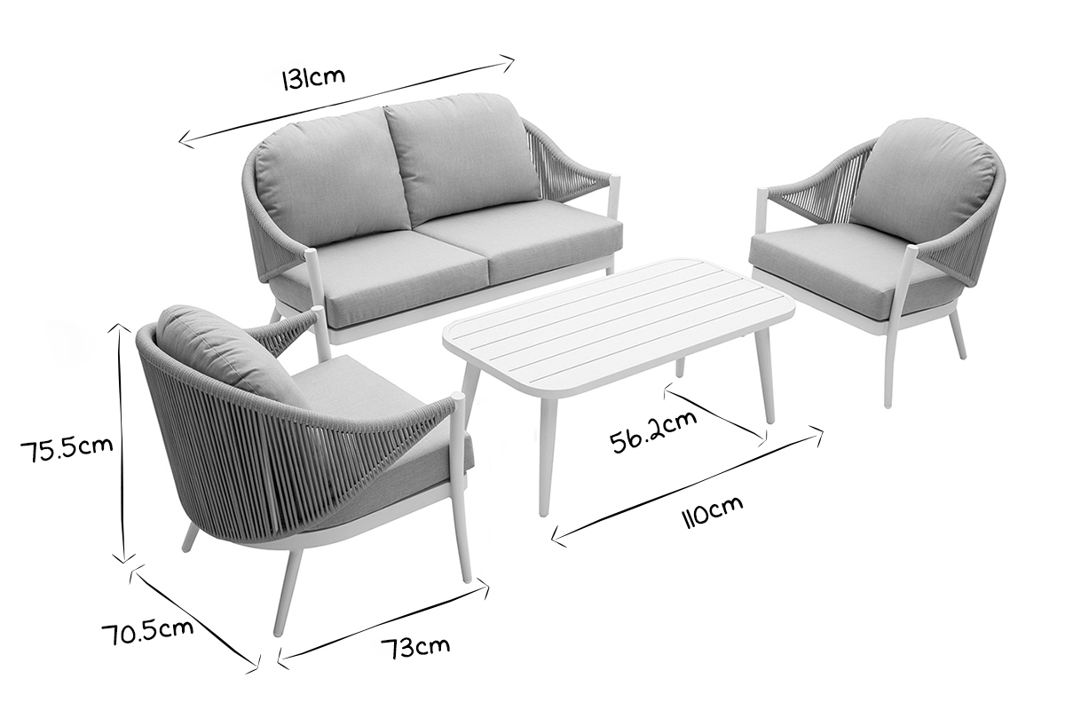 Sal�n de jard�n en aluminio blanco y cuerdas y tejido gris claro LIMA