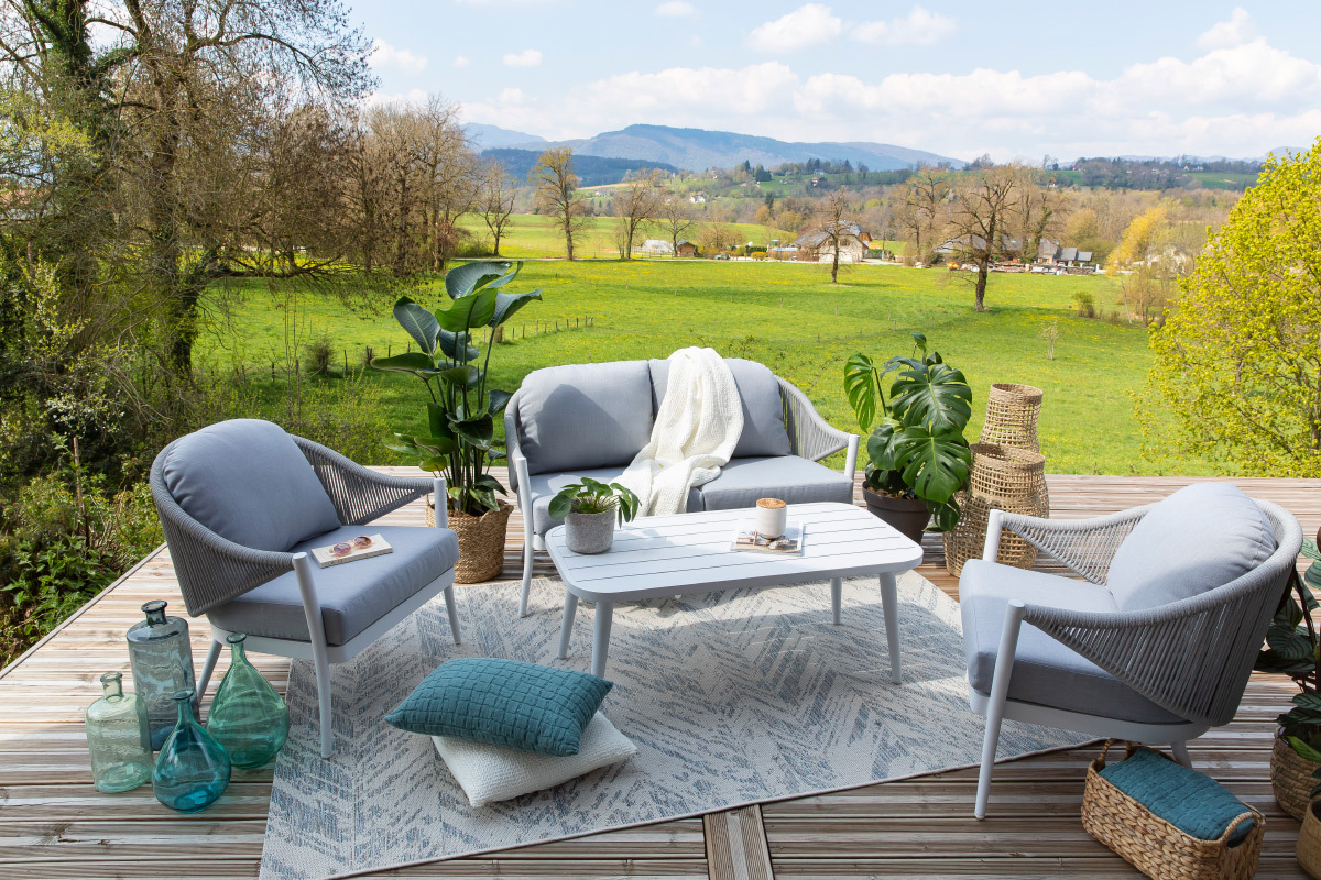 Sal�n de jard�n en aluminio blanco y cuerdas y tejido gris claro LIMA