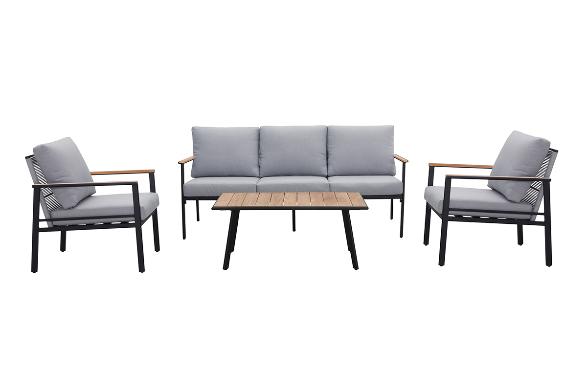 Sal�n de jard�n en aluminio negro, cuerdas y tejido gris claro USHUAIA