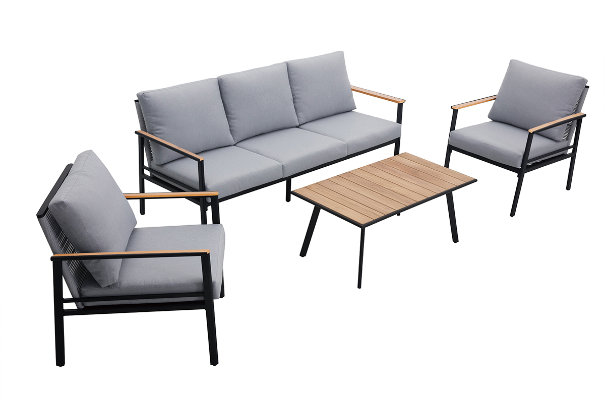 Sal�n de jard�n en aluminio negro, cuerdas y tejido gris claro USHUAIA