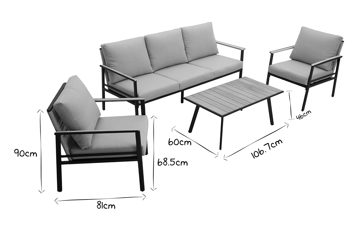 Sal�n de jard�n en aluminio negro, cuerdas y tejido gris claro USHUAIA