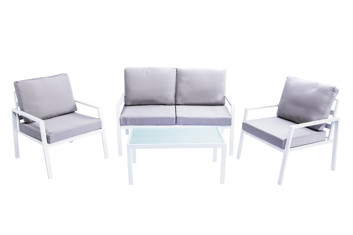 Saln de jardn en metal blanco con mesa, banco y 2 sillones CALA