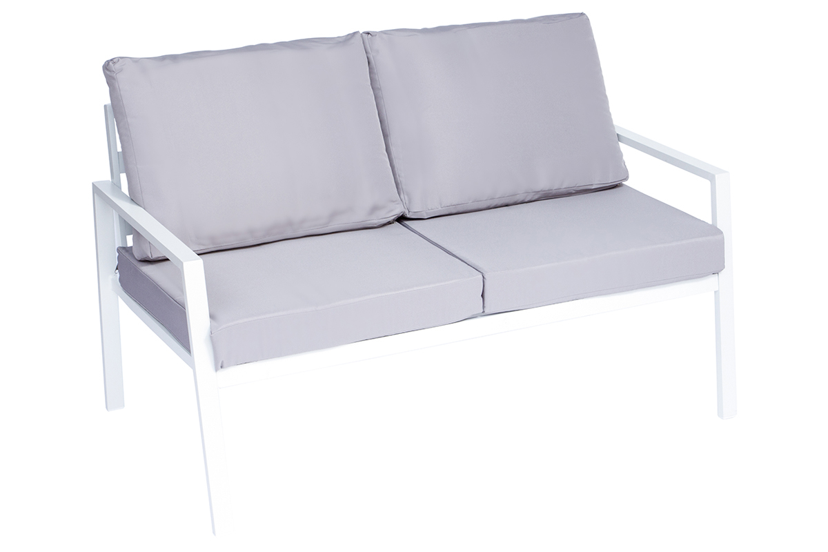 Saln de jardn en metal blanco con mesa, banco y 2 sillones CALA