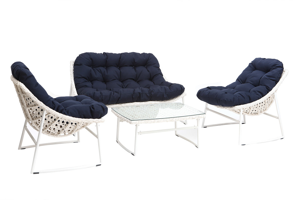 Saln de jardn en resina trenzada azul oscuro y blanco con mesa de centro COMFY