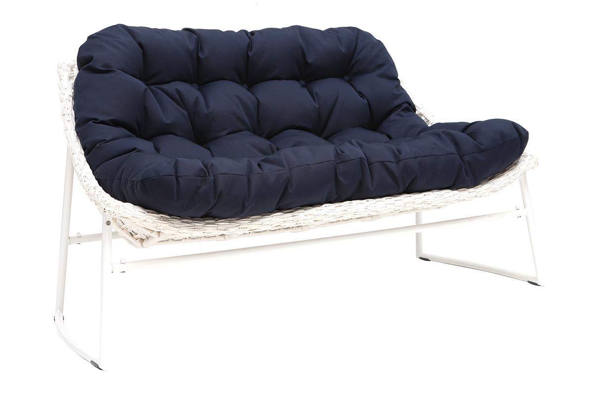 Saln de jardn en resina trenzada azul oscuro y blanco con mesa de centro COMFY