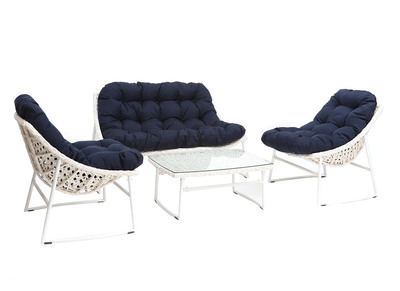 Salón de jardín en resina trenzada azul oscuro y blanco con mesa de centro COMFY - Salón de jardín en resina trenzada azul oscuro y blanco con mesa de centro COMFY