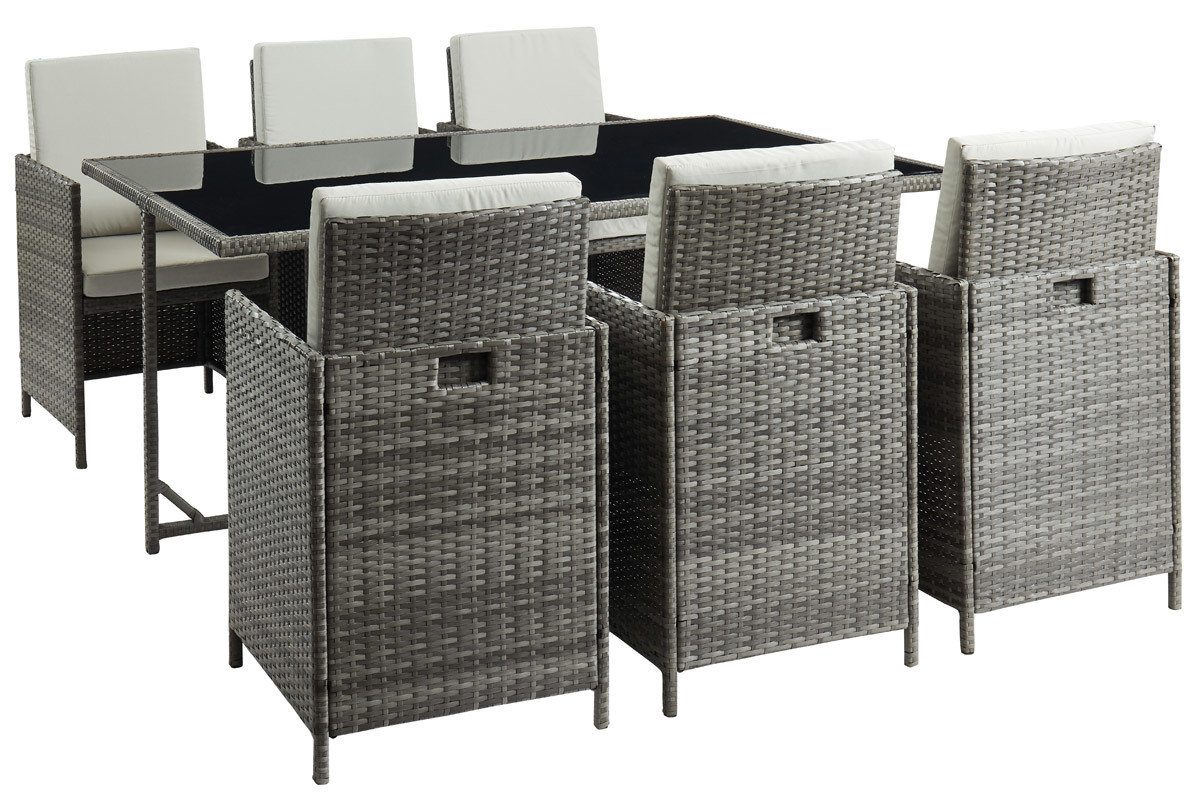 Saln de jardn en resina trenzada con mesa y 6 sillones gris DALIAS