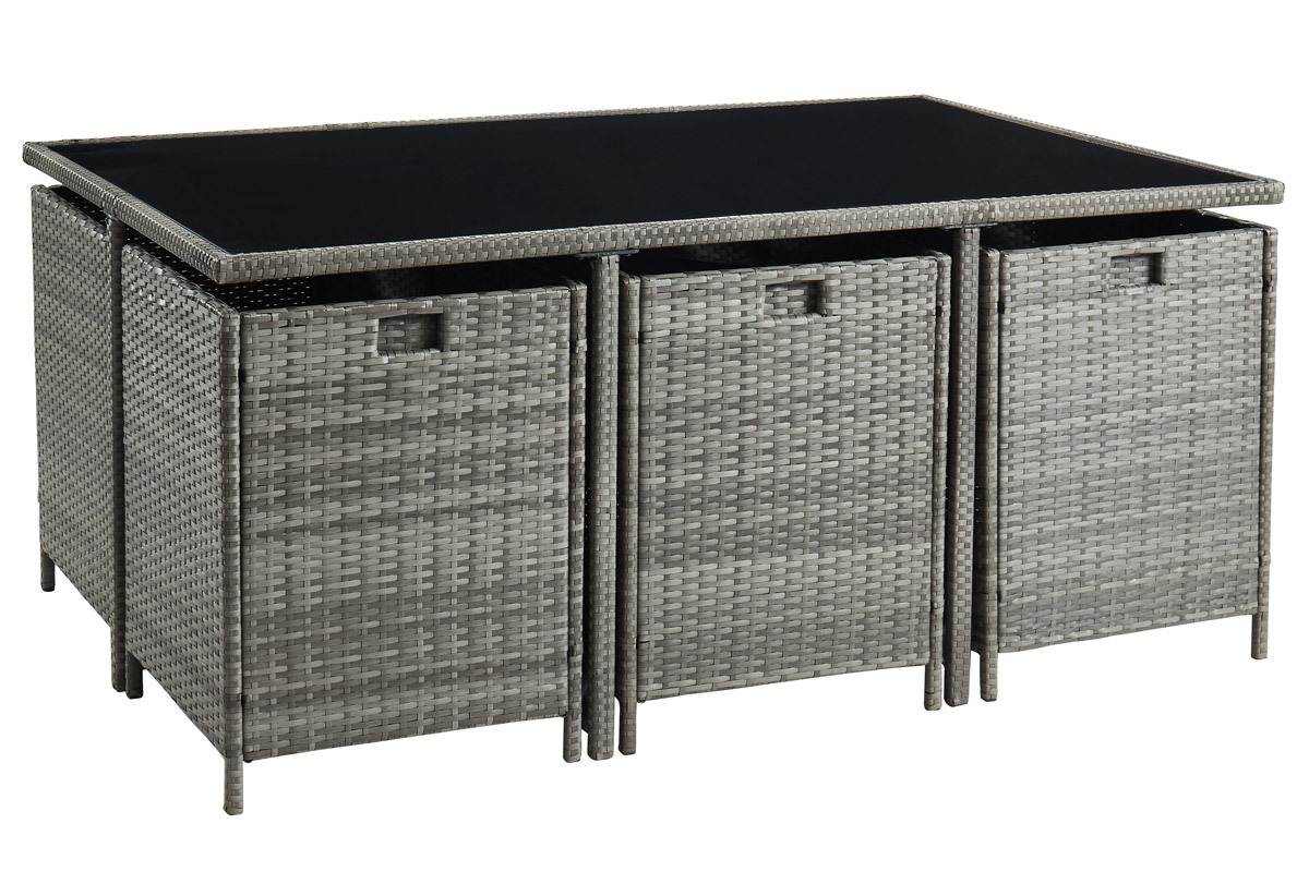 Saln de jardn en resina trenzada con mesa y 6 sillones gris DALIAS