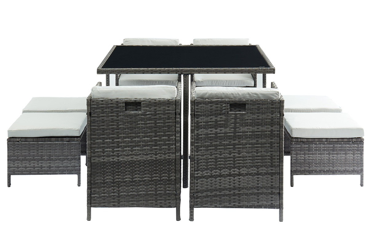 Saln de jardn en resina trenzada gris con mesa, sillones y puffs CORDOBA