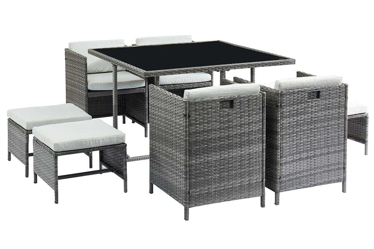 Saln de jardn en resina trenzada gris con mesa, sillones y puffs CORDOBA