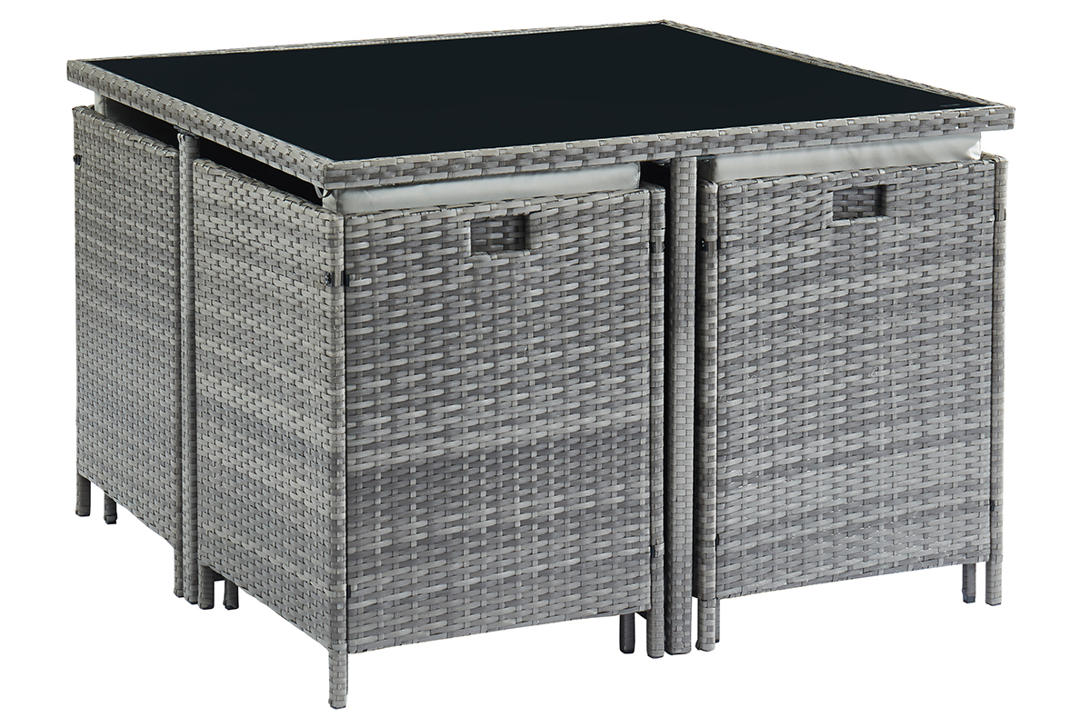 Saln de jardn en resina trenzada gris con mesa, sillones y puffs CORDOBA