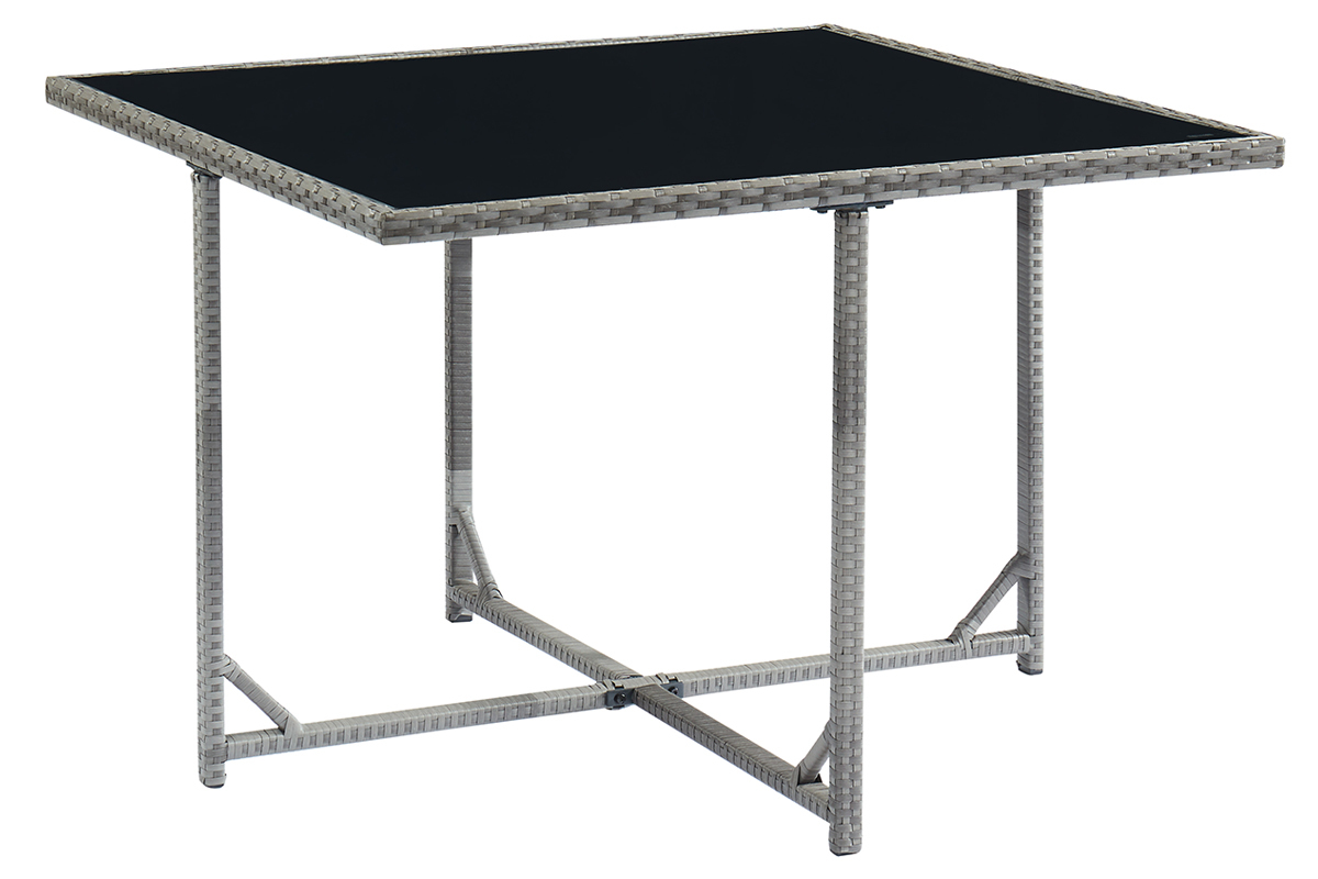 Saln de jardn en resina trenzada gris con mesa, sillones y puffs CORDOBA