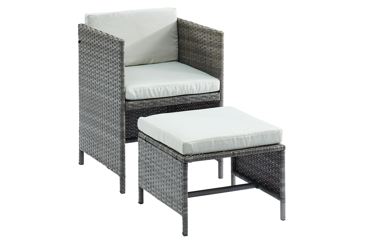 Saln de jardn en resina trenzada gris con mesa, sillones y puffs CORDOBA
