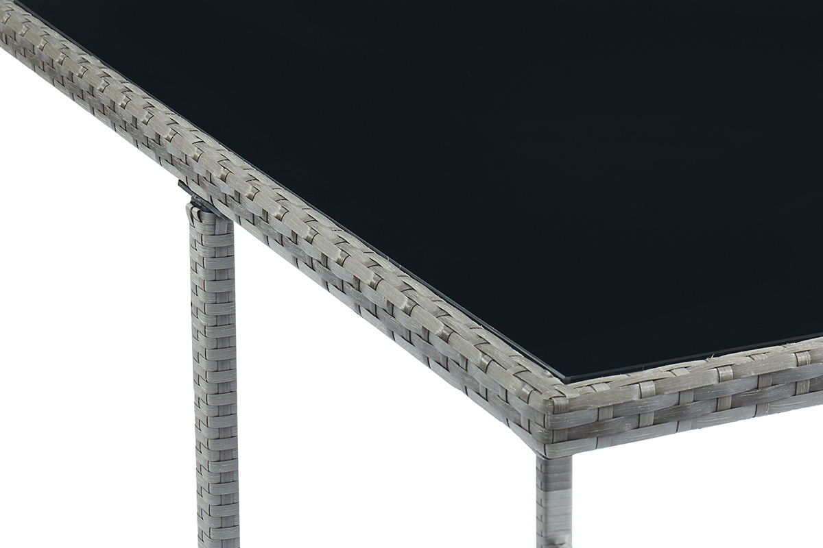 Saln de jardn en resina trenzada gris con mesa, sillones y puffs CORDOBA