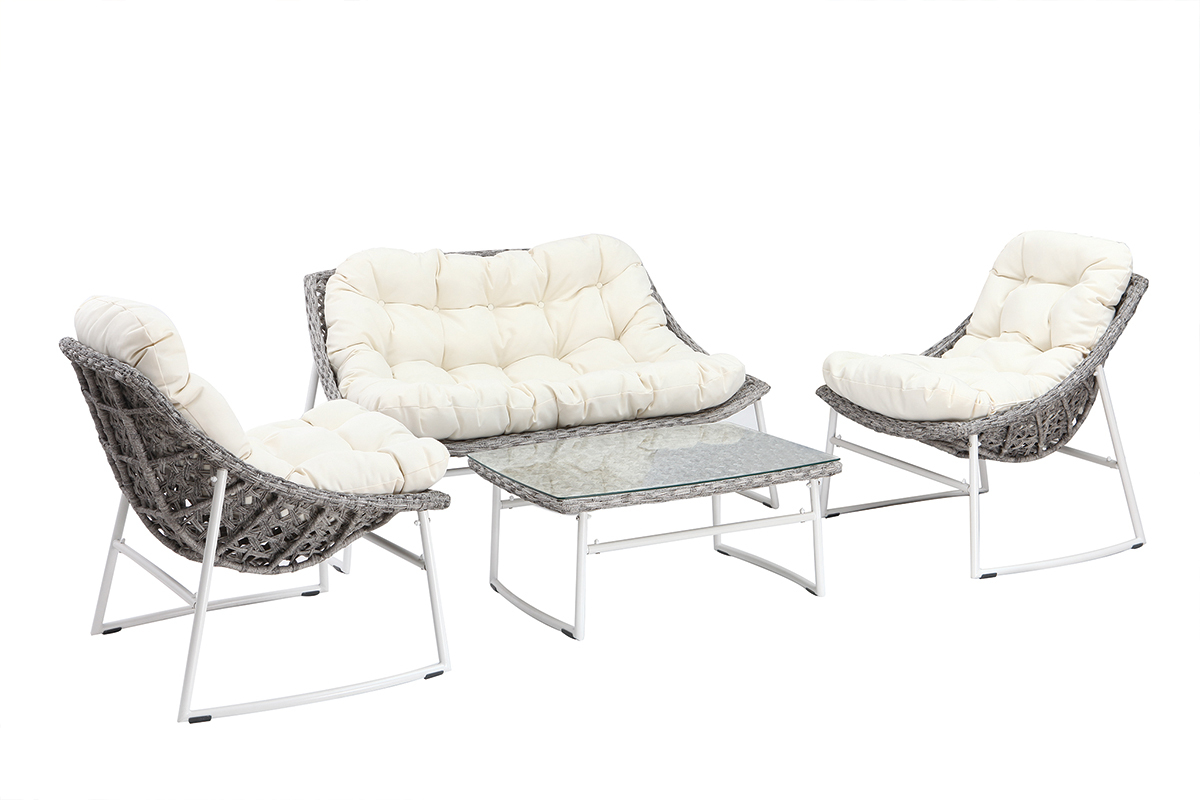 Saln de jardn en resina trenzada gris y blanco con mesa de centro COMFY