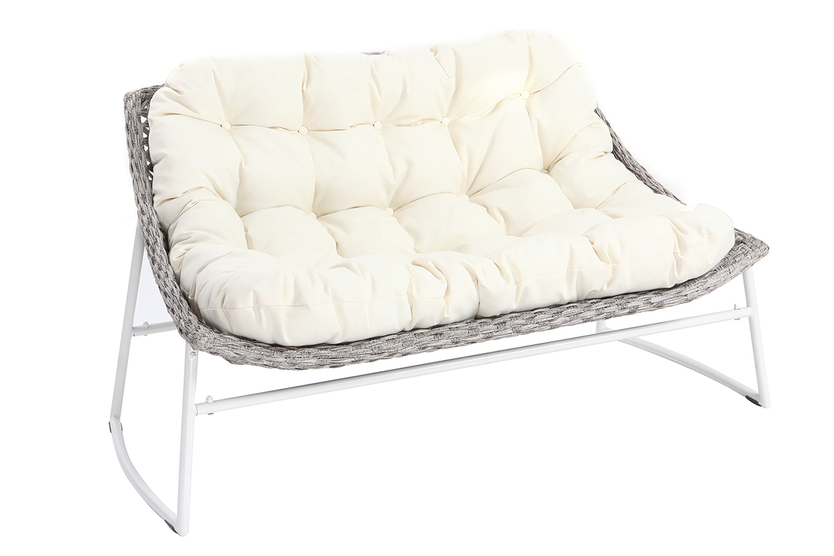 Saln de jardn en resina trenzada gris y blanco con mesa de centro COMFY