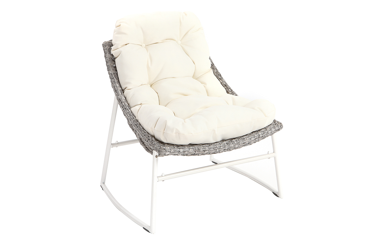 Saln de jardn en resina trenzada gris y blanco con mesa de centro COMFY