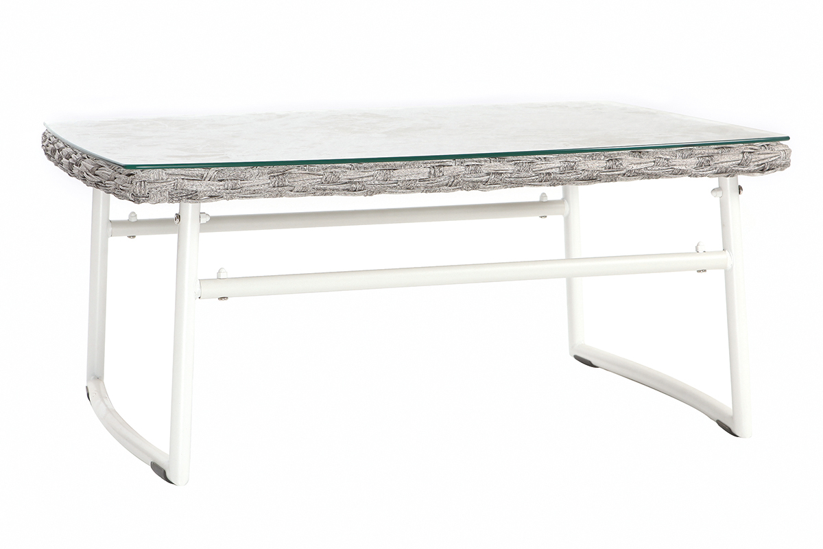 Saln de jardn en resina trenzada gris y blanco con mesa de centro COMFY