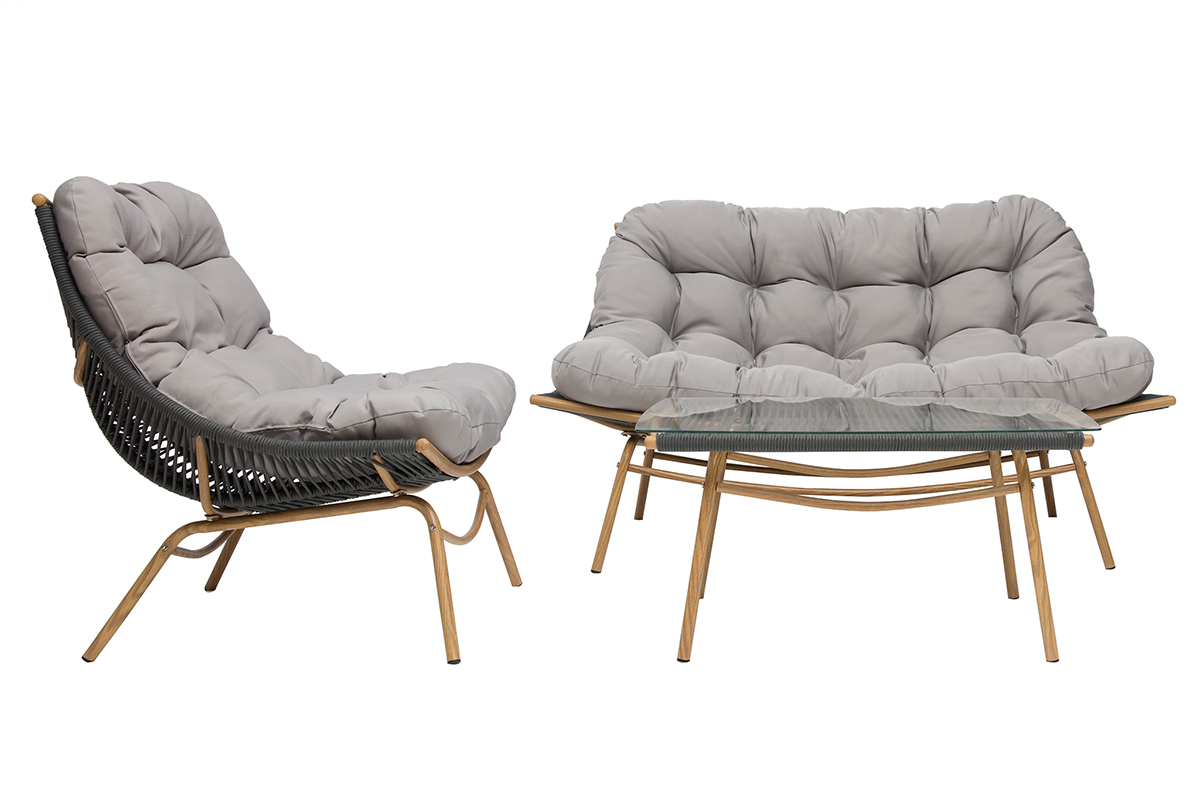 Saln de jardn en tejido gris y metal con mesa de centro ANDREA